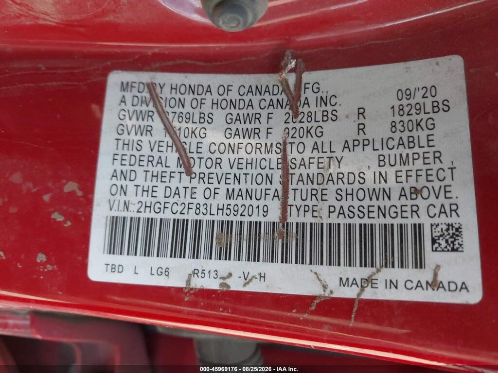 2HGFC2F83LH592019 2020 HONDA CIVIC photo no. 9