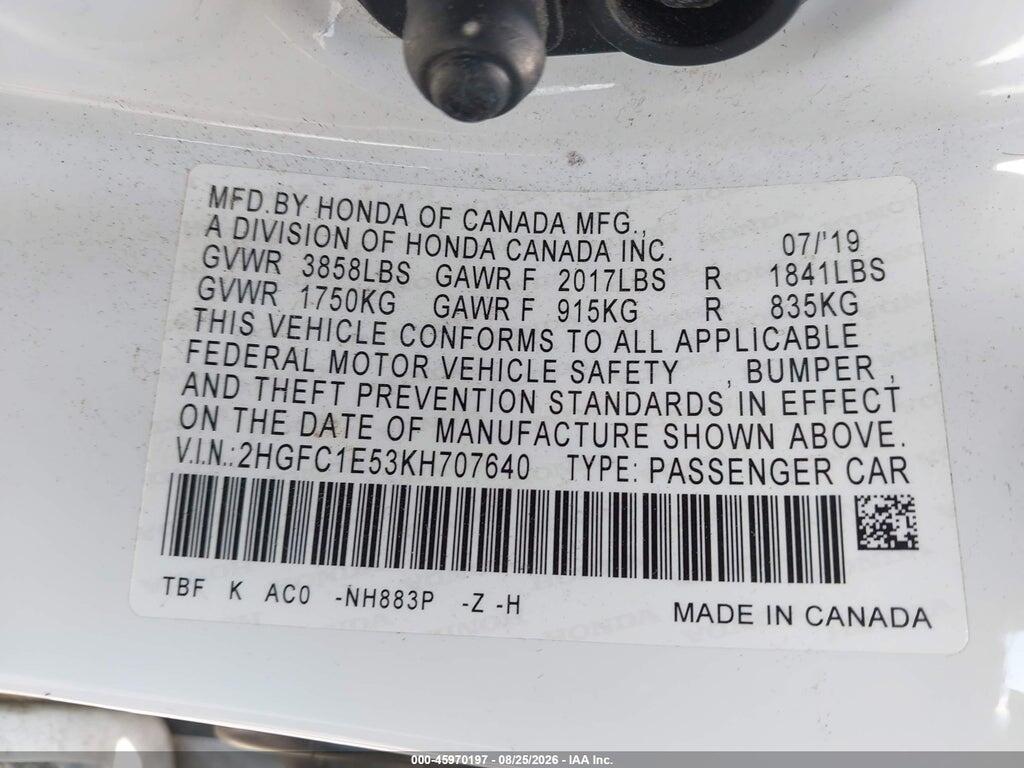 2HGFC1E53KH707640 2019 HONDA CIVIC SI photo no. 9