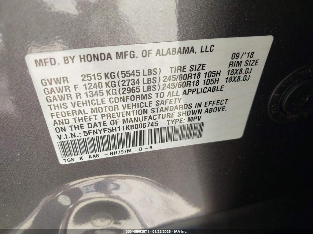 5FNYF5H11KB006745 2019 HONDA PILOT photo no. 9