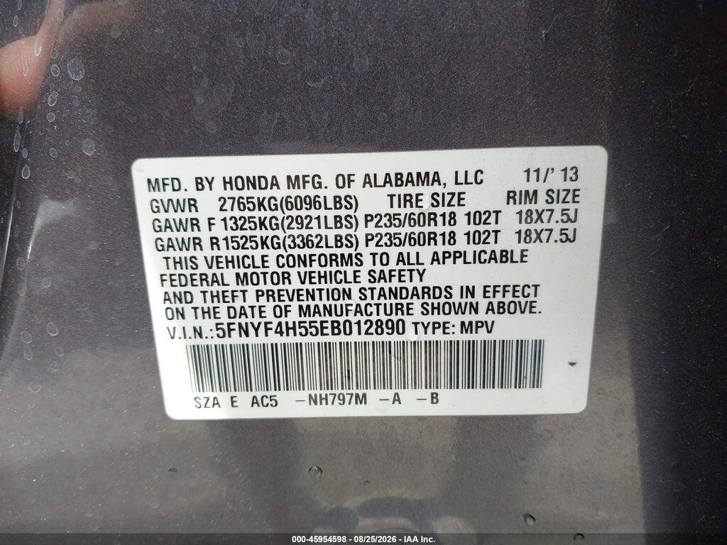 5FNYF4H55EB012890 2014 HONDA PILOT photo no. 9