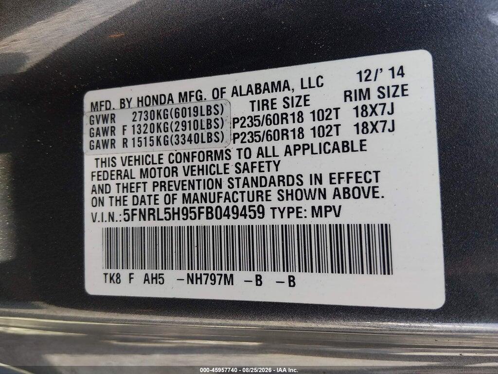 5FNRL5H95FB049459 2015 HONDA ODYSSEY photo no. 9