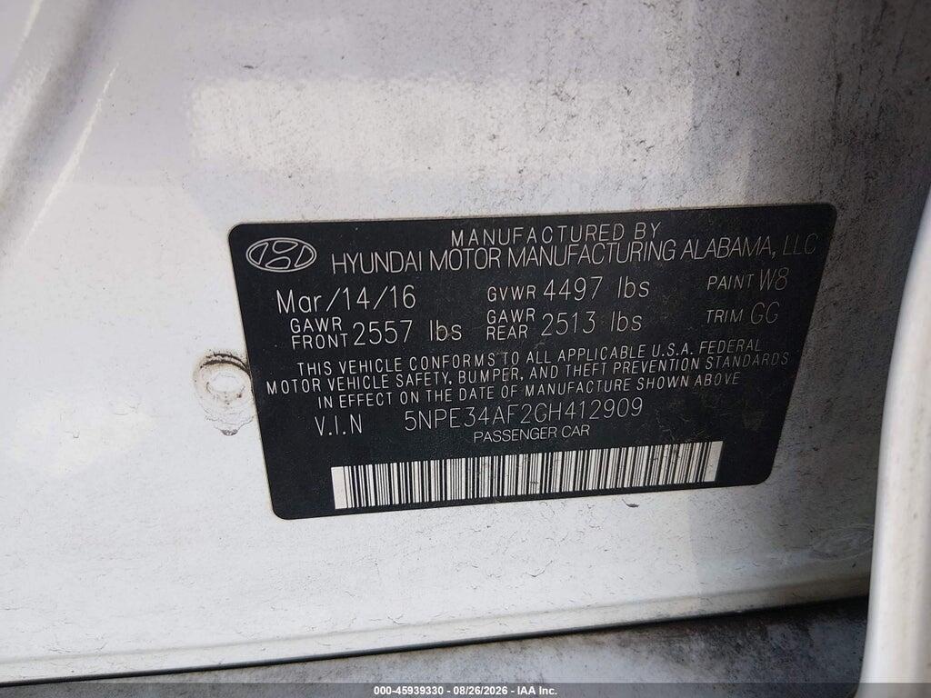 5NPE34AF2GH412909 2016 HYUNDAI SONATA photo no. 9