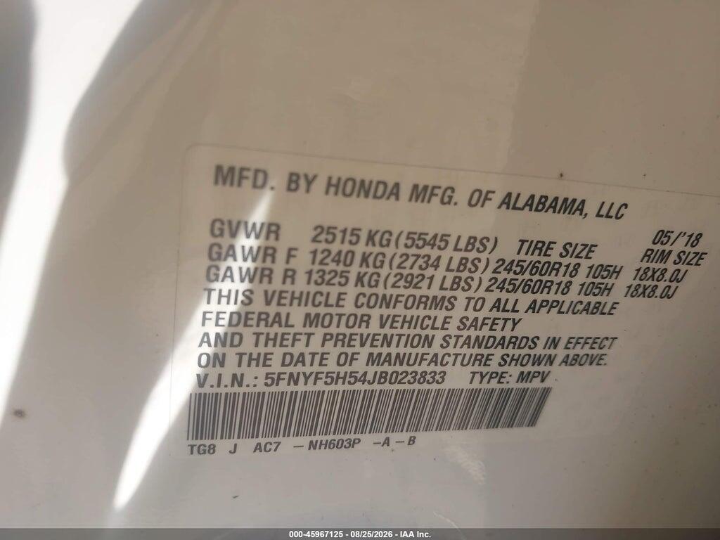 5FNYF5H54JB023833 2018 HONDA PILOT photo no. 9