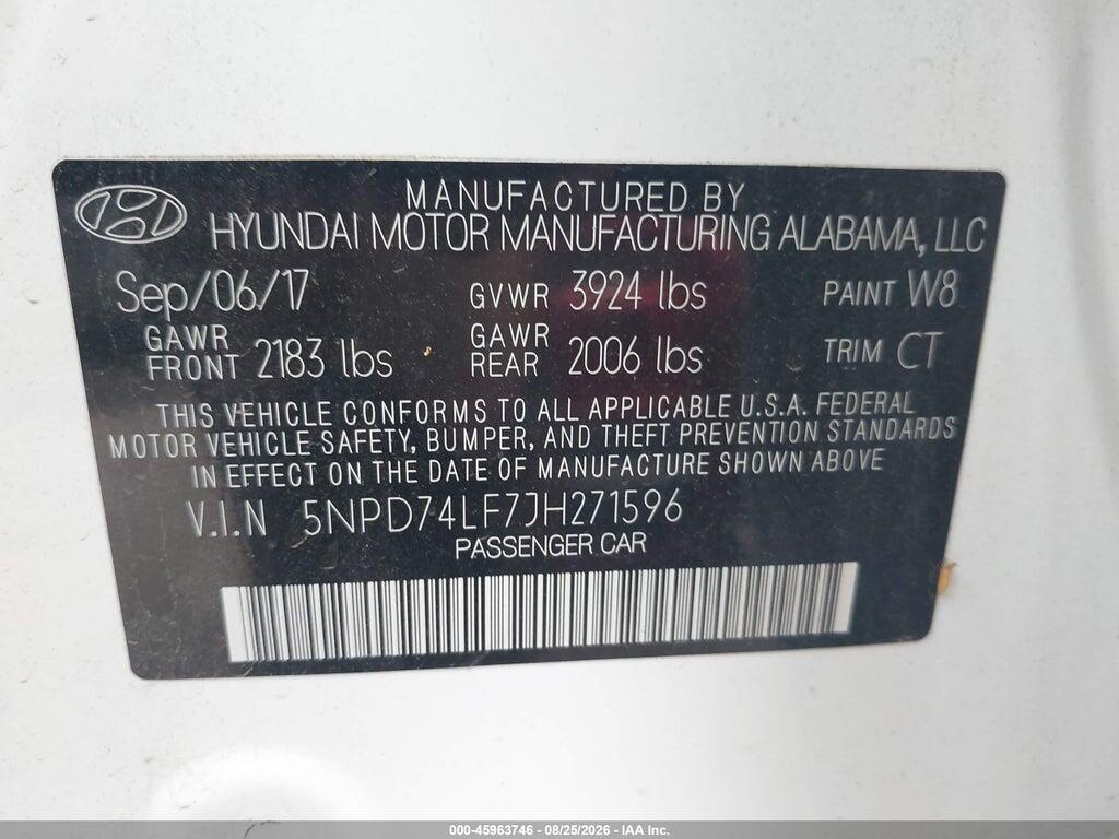 5NPD74LF7JH271596 2018 HYUNDAI ELANTRA photo no. 9