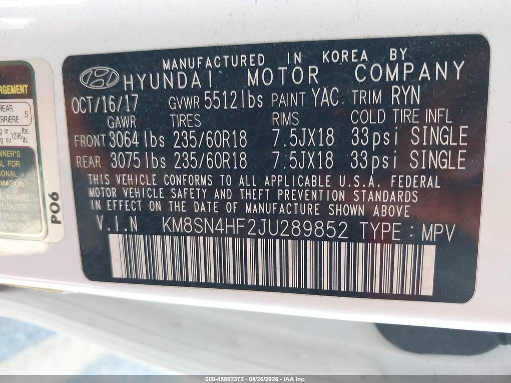 KM8SN4HF2JU289852 2018 HYUNDAI SANTA FE photo no. 9