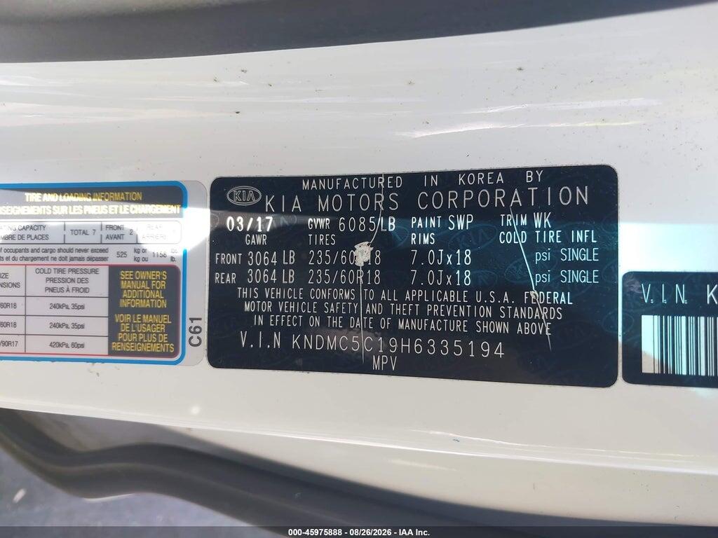 KNDMC5C19H6335194 2017 KIA SEDONA photo no. 9