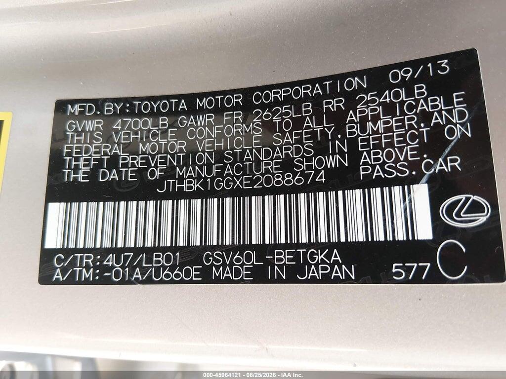 JTHBK1GGXE2088674 2014 LEXUS ES 350 photo no. 9