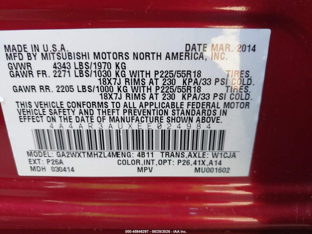 4A4AR3AUXEE024984 2014 MITSUBISHI OUTLANDER SPORT photo no. 9