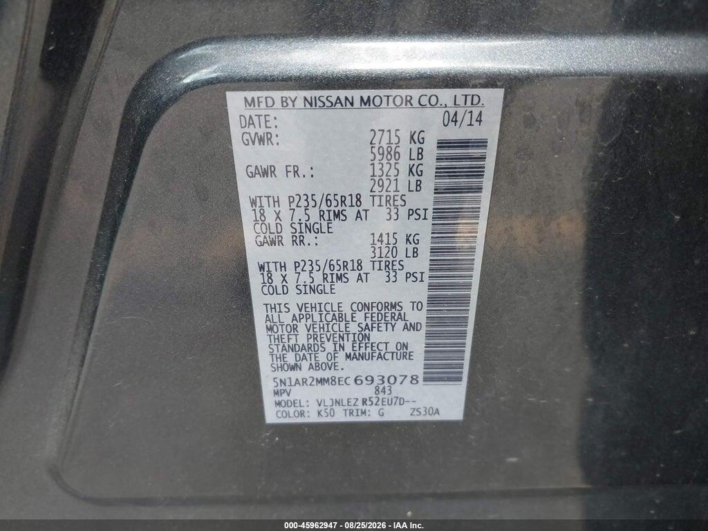 5N1AR2MM8EC693078 2014 NISSAN PATHFINDER photo no. 9