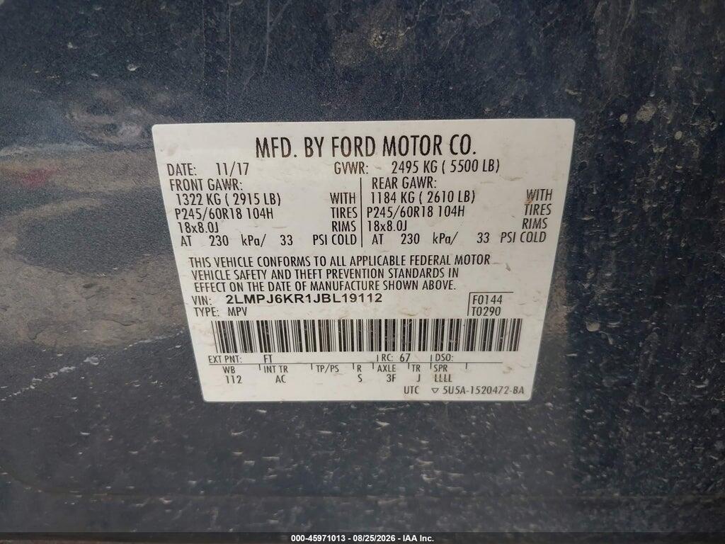 2LMPJ6KR1JBL19112 2018 LINCOLN MKX photo no. 9