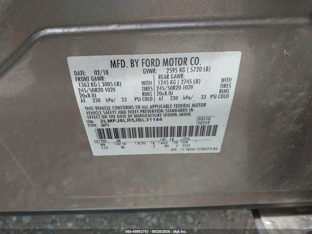 2LMPJ8LR5JBL31144 2018 LINCOLN MKX photo no. 9