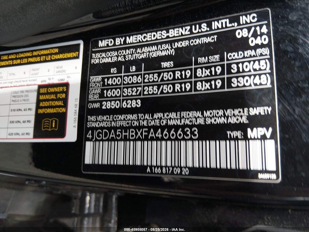 4JGDA5HBXFA466633 2015 MERCEDES-BENZ ML 350 photo no. 9