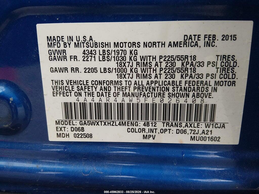 4A4AR4AW5FE026408 2015 MITSUBISHI OUTLANDER SPORT photo no. 9
