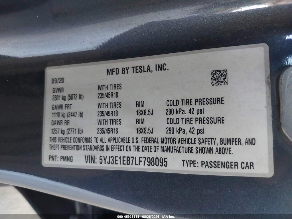 5YJ3E1EB7LF798095 2020 TESLA MODEL 3 photo no. 9