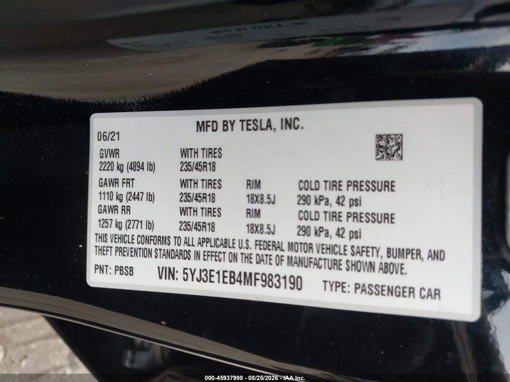 5YJ3E1EB4MF983190 2021 TESLA MODEL 3 photo no. 9