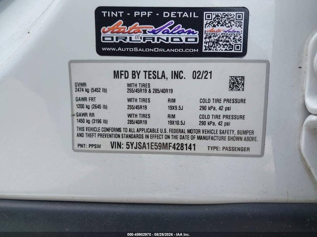 5YJSA1E59MF428141 2021 TESLA MODEL S photo no. 9