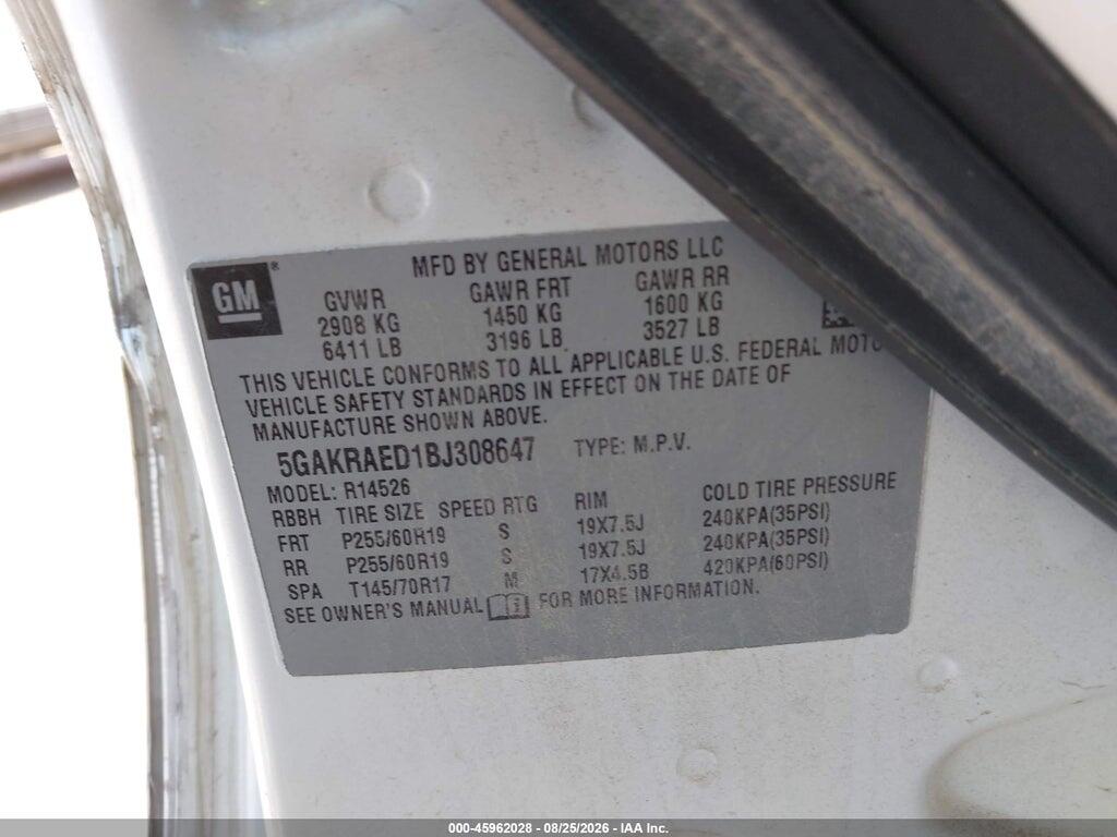5GAKRAED1BJ308647 2011 BUICK ENCLAVE photo no. 9