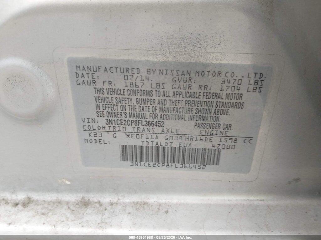 3N1CE2CP8FL366452 2015 NISSAN VERSA NOTE photo no. 9