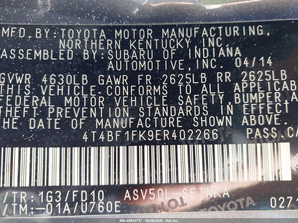 4T4BF1FK9ER402266 2014 TOYOTA CAMRY LE photo no. 9