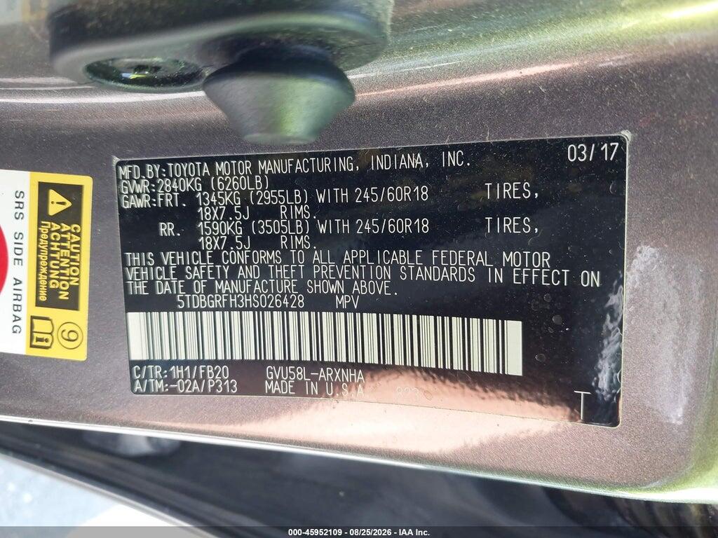 5TDBGRFH3HS026428 2017 TOYOTA HIGHLANDER HYBRID photo no. 9