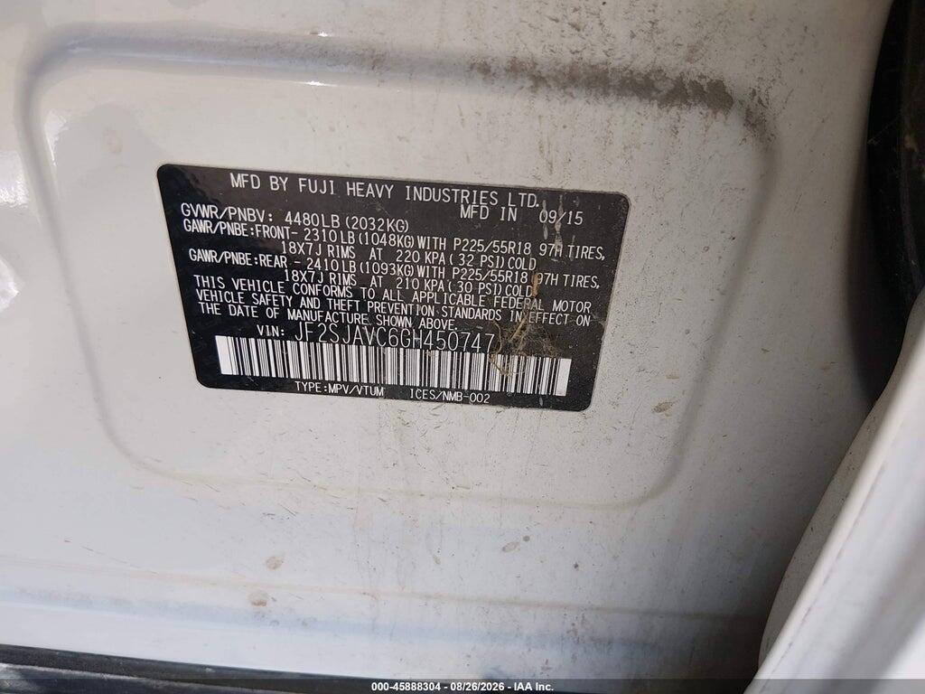 JF2SJAVC6GH450747 2016 SUBARU FORESTER photo no. 9