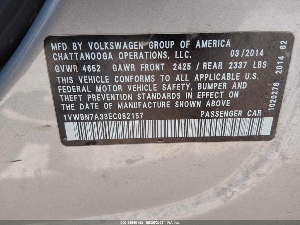 1VWBN7A33EC082157 2014 VOLKSWAGEN PASSAT photo no. 9