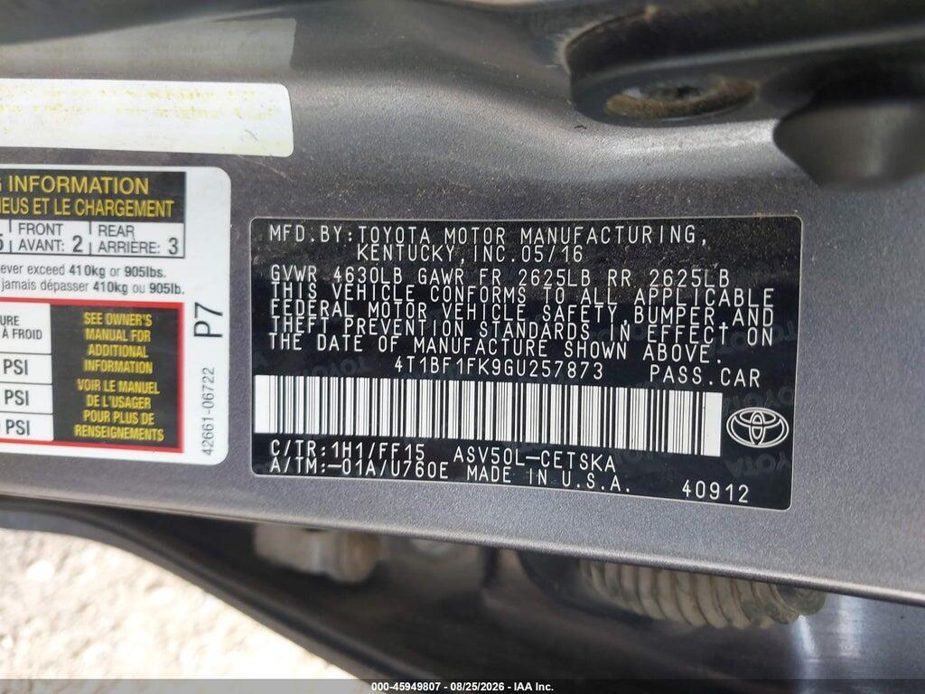 4T1BF1FK9GU257873 2016 TOYOTA CAMRY photo no. 9