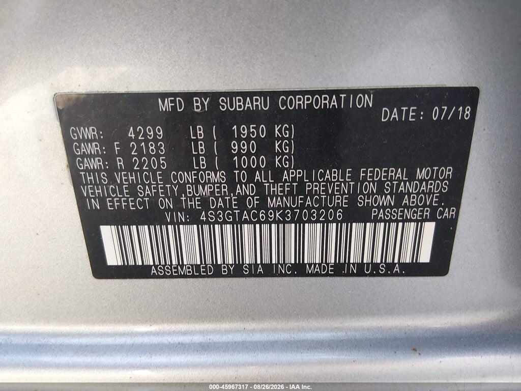 4S3GTAC69K3703206 2019 SUBARU IMPREZA photo no. 9