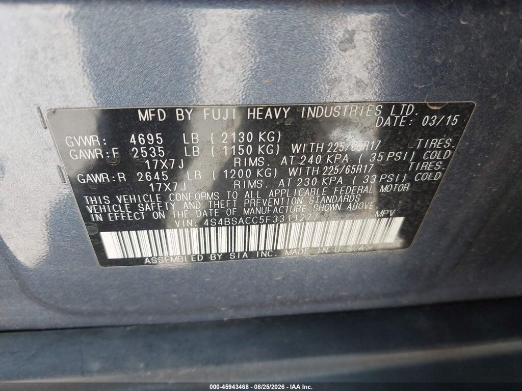 4S4BSACC5F3311277 2015 SUBARU OUTBACK photo no. 9