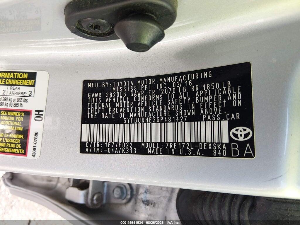 5YFBURHE3GP481427 2016 TOYOTA COROLLA photo no. 9