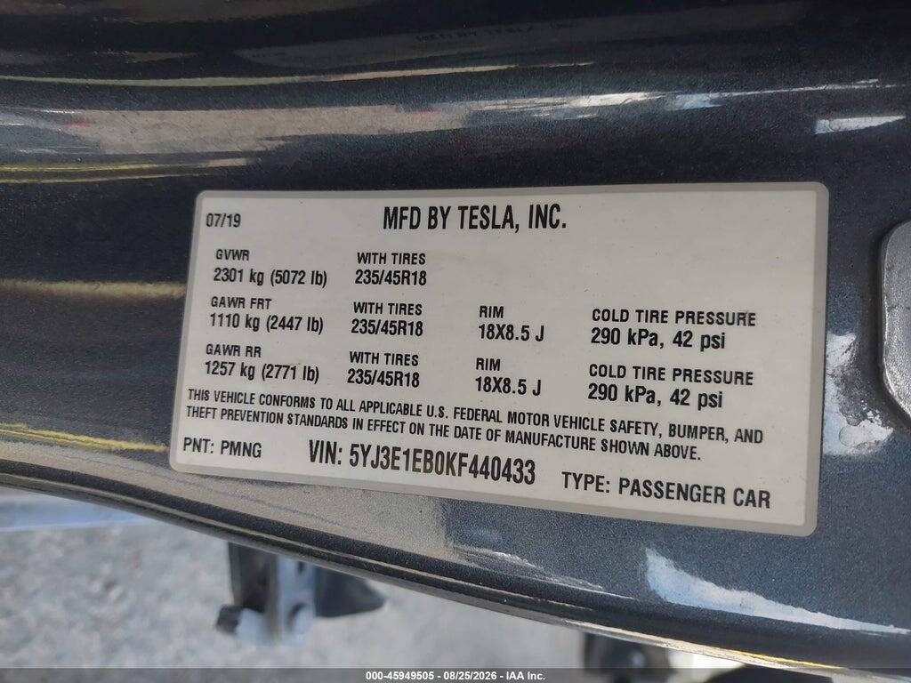 5YJ3E1EB0KF440433 2019 TESLA MODEL 3 photo no. 9