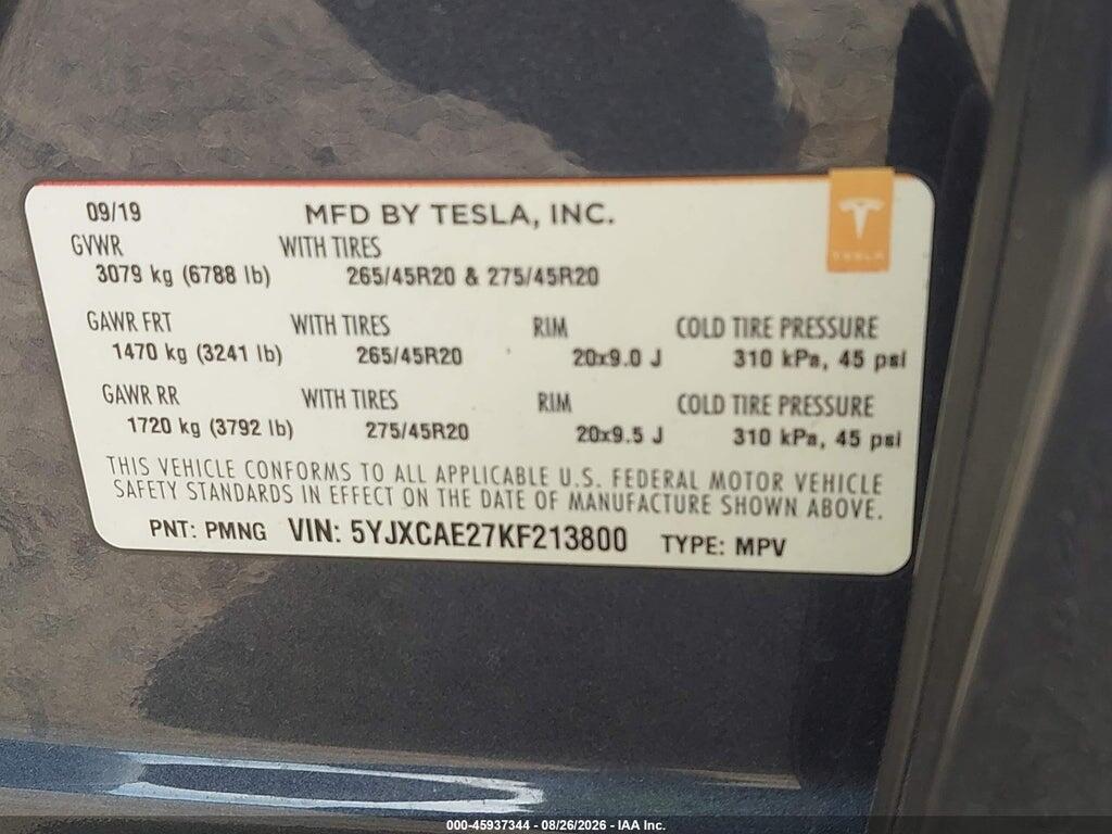 5YJXCAE27KF213800 2019 TESLA MODEL X photo no. 9