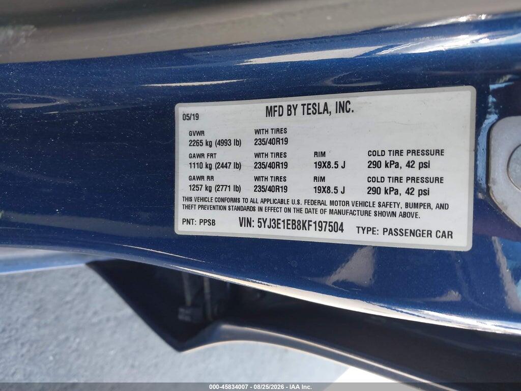 5YJ3E1EB8KF197504 2019 TESLA MODEL 3 photo no. 9