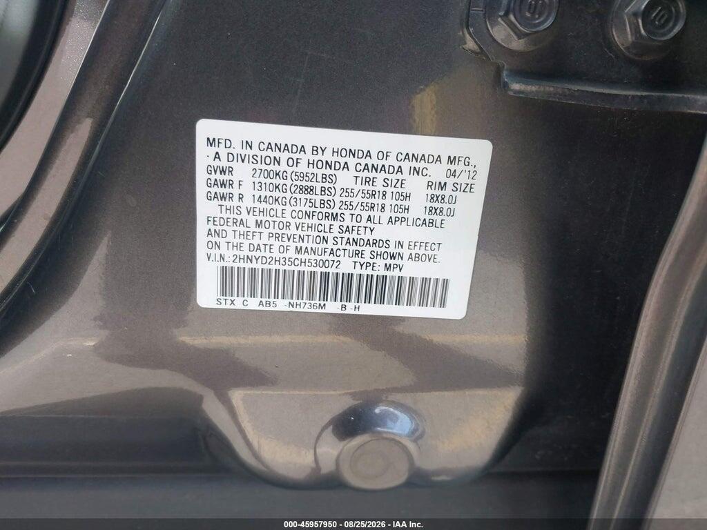 2HNYD2H35CH530072 2012 ACURA MDX photo no. 9