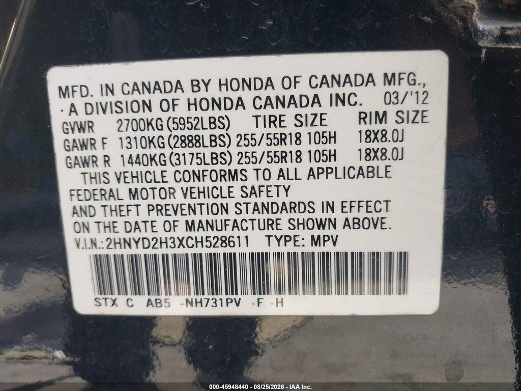2HNYD2H3XCH528611 2012 ACURA MDX photo no. 9