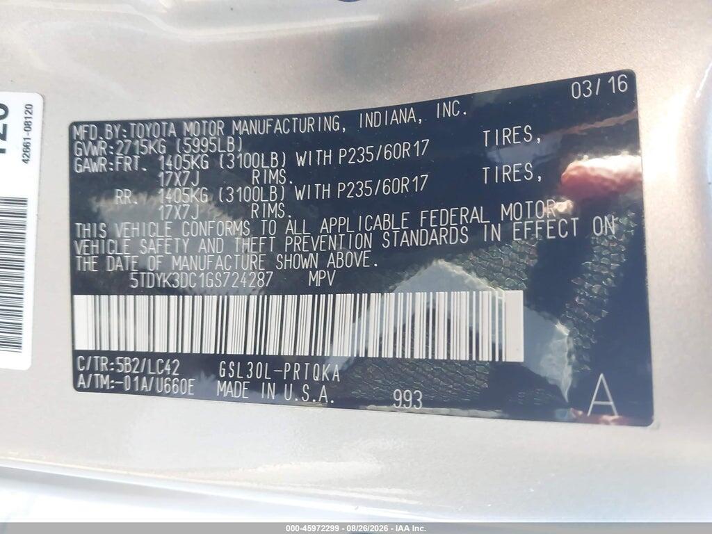 5TDYK3DC1GS724287 2016 TOYOTA SIENNA photo no. 9