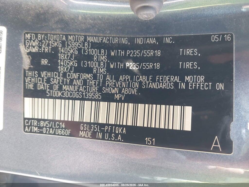 5TDDK3DC0GS139585 2016 TOYOTA SIENNA photo no. 9