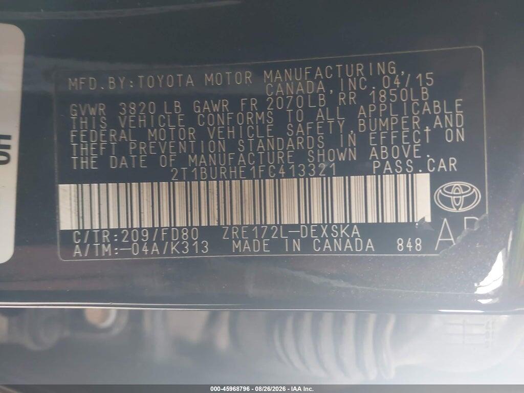 2T1BURHE1FC413321 2015 TOYOTA COROLLA photo no. 9