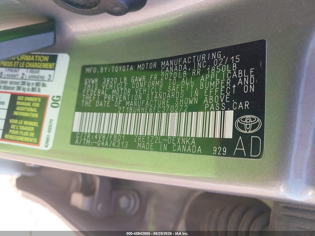 2T1BURHE6FC370272 2015 TOYOTA COROLLA photo no. 9