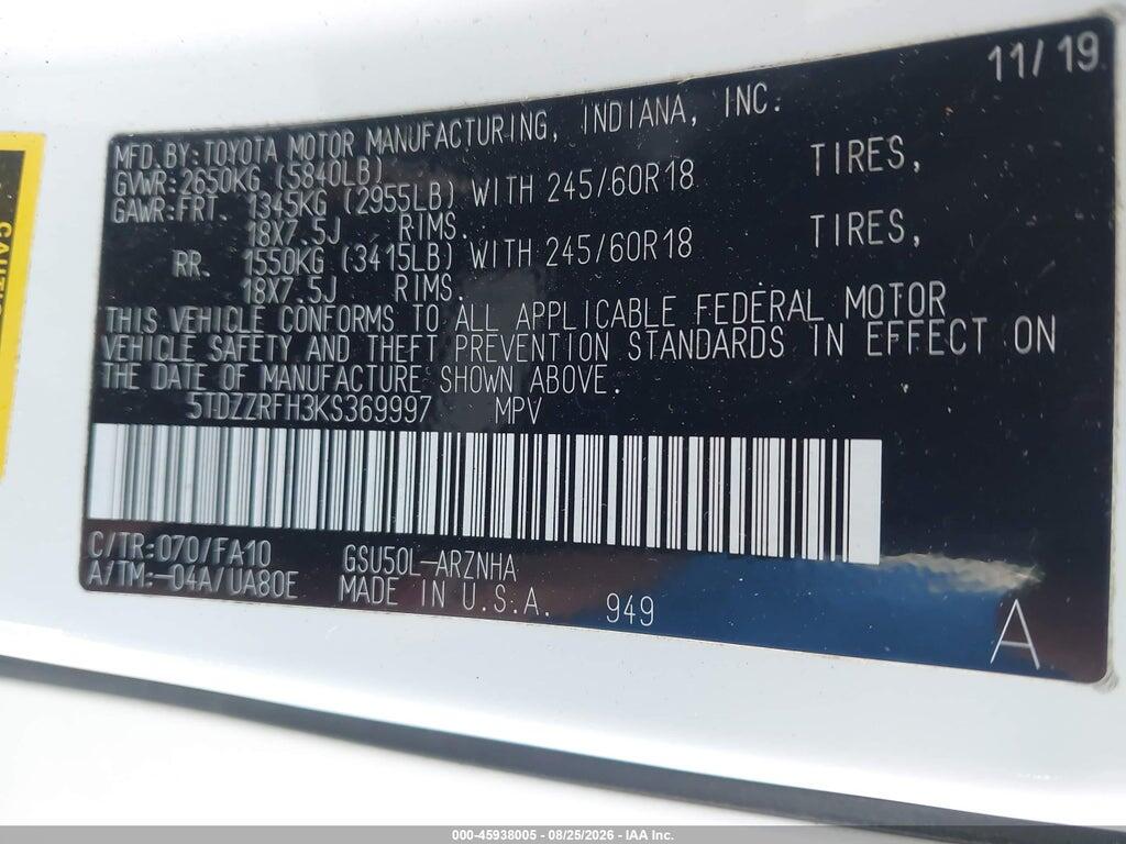 5TDZZRFH3KS369997 2019 TOYOTA HIGHLANDER photo no. 9