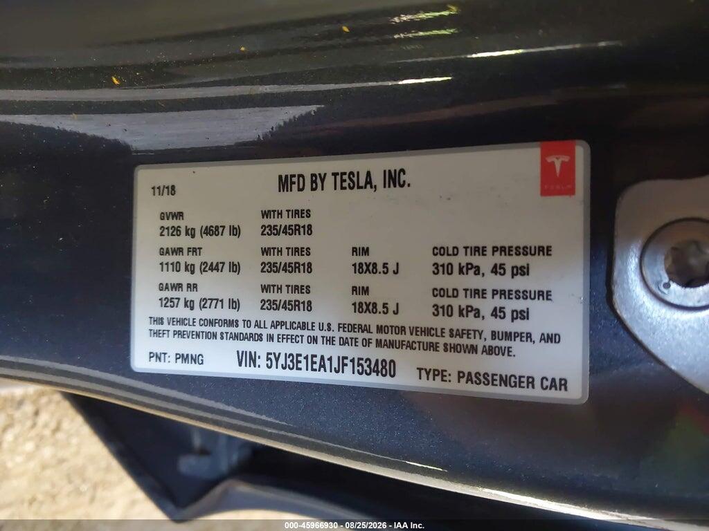 5YJ3E1EA1JF153480 2018 TESLA MODEL 3 photo no. 9