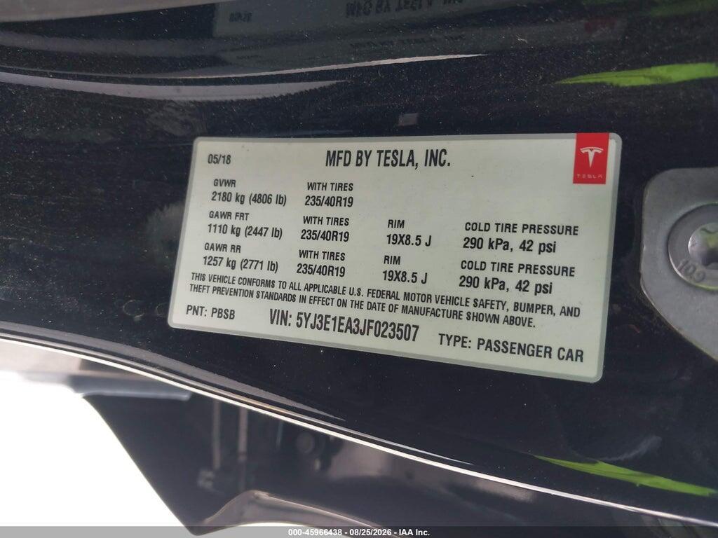 5YJ3E1EA3JF023507 2018 TESLA MODEL 3 photo no. 9
