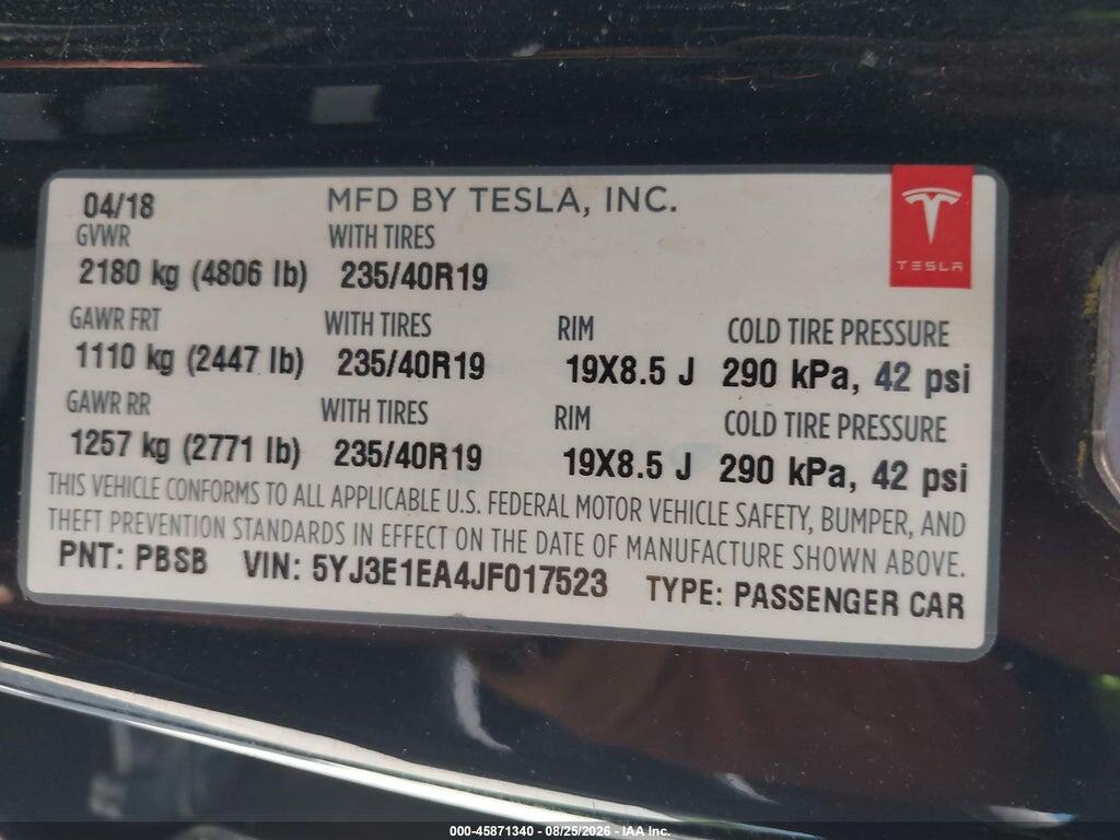 5YJ3E1EA4JF017523 2018 TESLA MODEL 3 photo no. 6