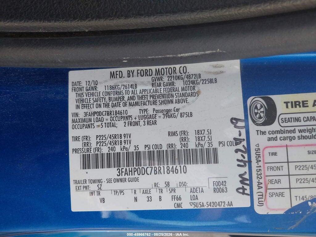 3FAHP0DC7BR184610 2011 FORD FUSION photo no. 9