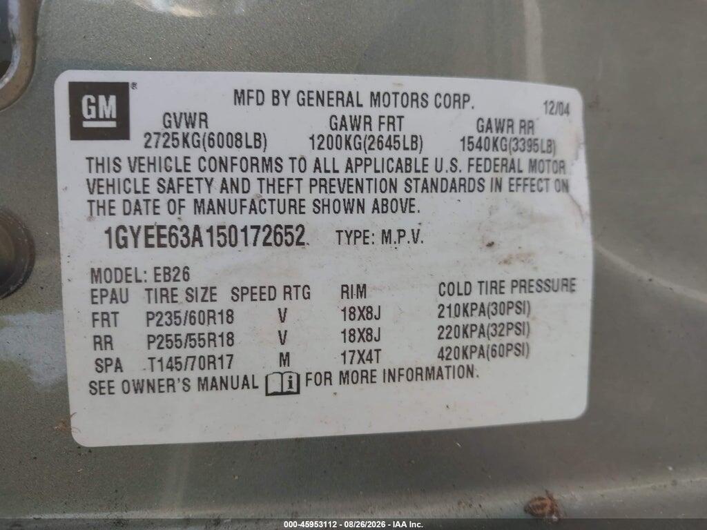 1GYEE63A150172652 2005 CADILLAC SRX photo no. 9