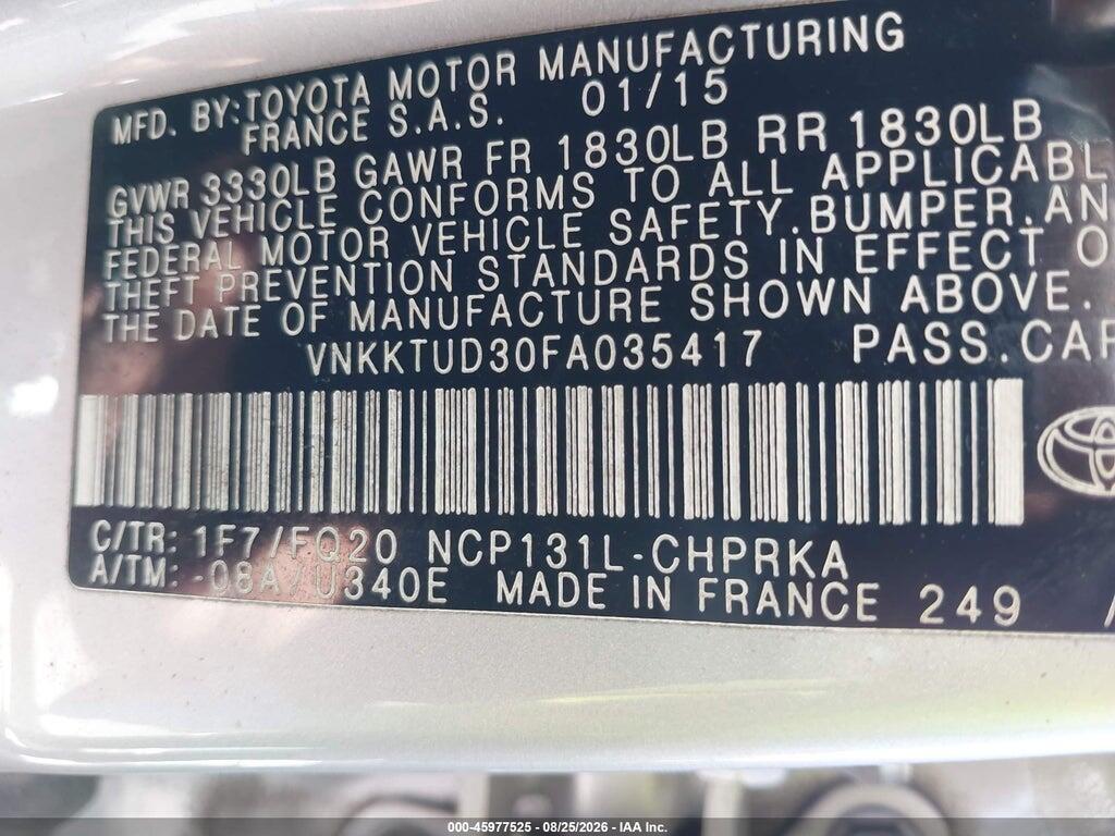 VNKKTUD30FA035417 2015 TOYOTA YARIS photo no. 9