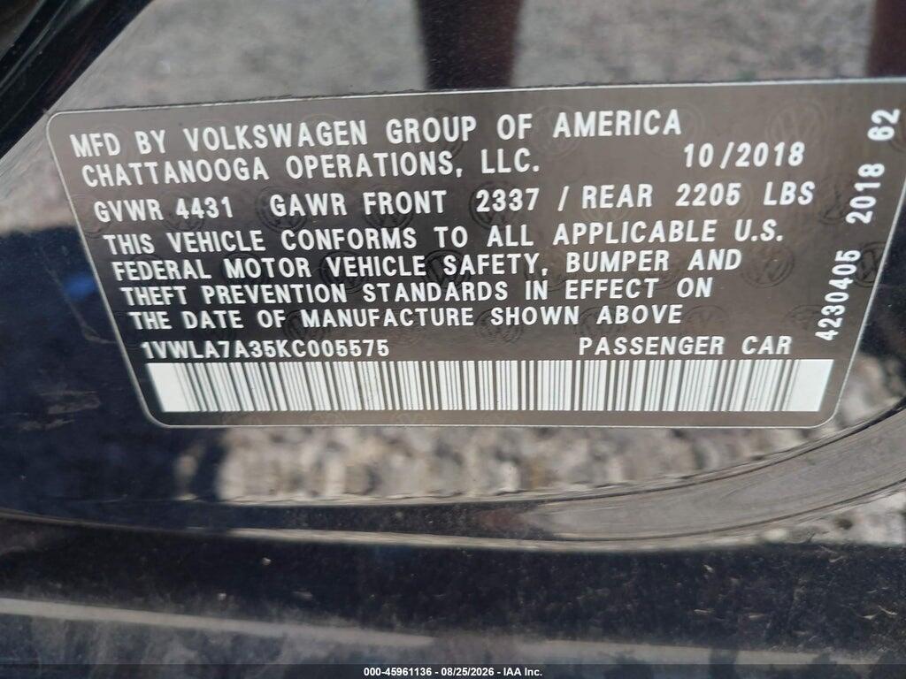 1VWLA7A35KC005575 2019 VOLKSWAGEN PASSAT photo no. 9