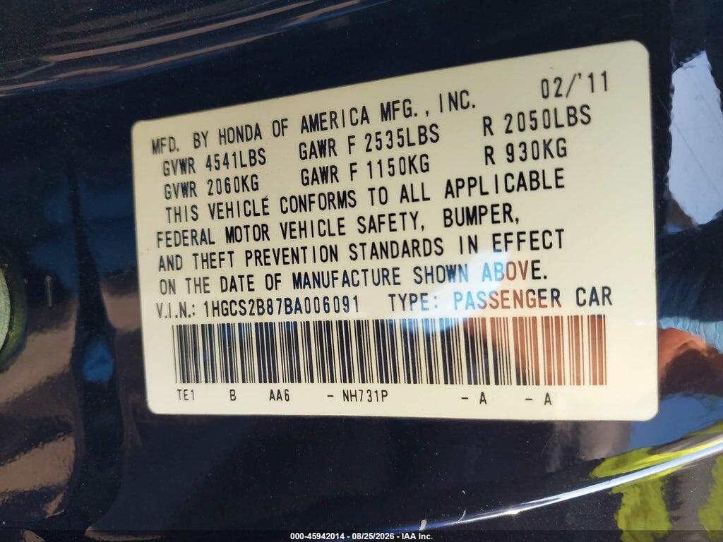 1HGCS2B87BA006091 2011 HONDA ACCORD photo no. 9