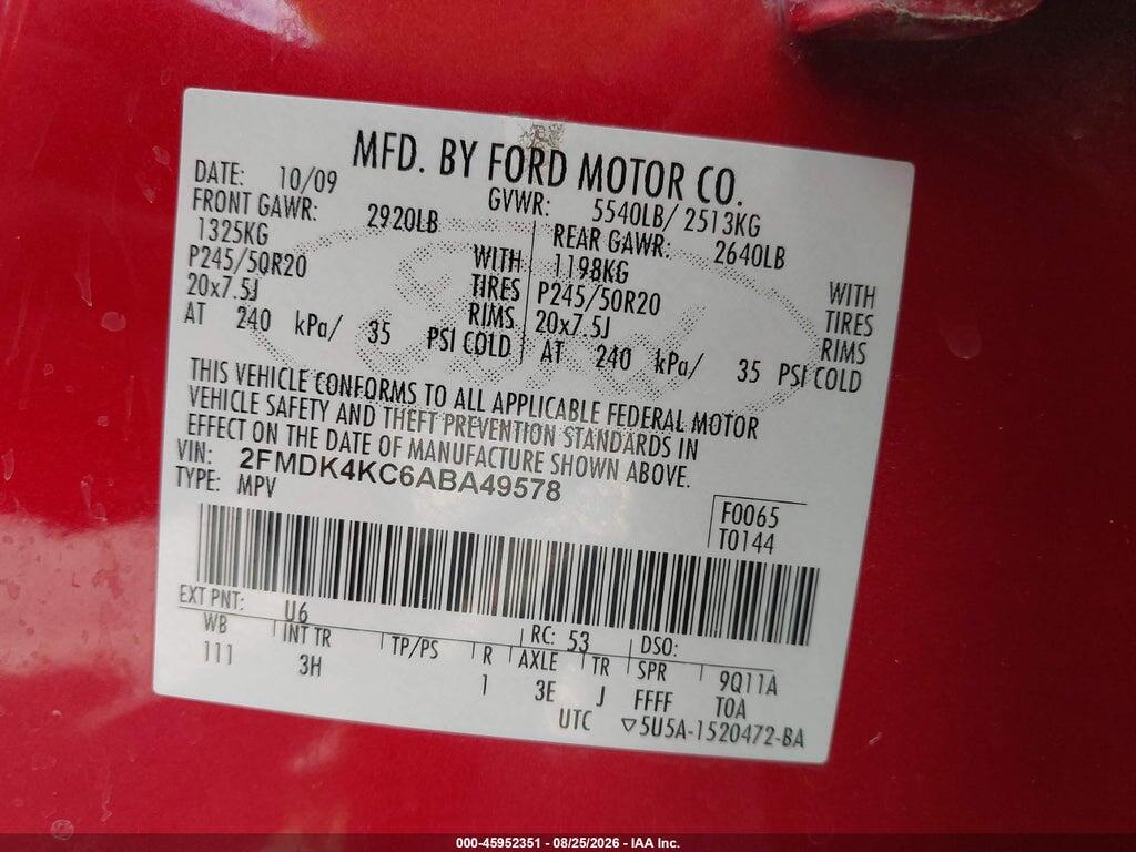 2FMDK4KC6ABA49578 2010 FORD EDGE photo no. 9
