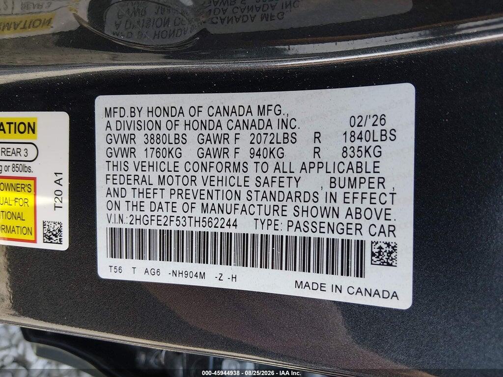 2HGFE2F53TH562244 2026 HONDA CIVIC photo no. 9